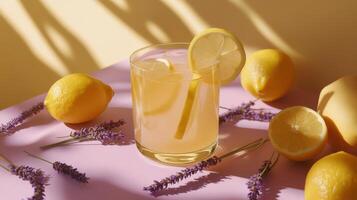 Refreshing lavender lemonade in a glass with lemon slices and lavender sprigs on a vibrant background photo