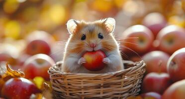 Adorable hamster holding a fresh apple surrounded by autumn apples in a cozy setting photo