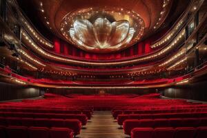 Elegant theater interior showcasing chandeliers and plush seating in a grand setting photo