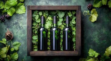 Bottles of oil nestled among fresh mint leaves on a textured green background photo