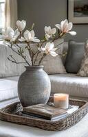 Elegant flower arrangement in a modern living room setting with cozy decor details photo
