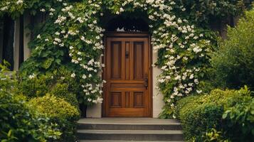 Charming entryway adorned with white flowers and lush greenery in a serene outdoor setting photo