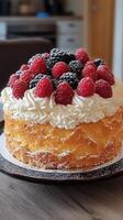 Delicious cake topped with fresh raspberries and blackberries ready for dessert photo