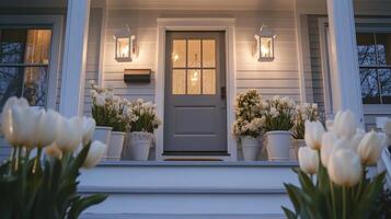 Front porch adorned with blooming tulips and soft lighting during twilight photo