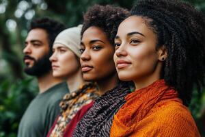 Diverse group of friends standing together outdoors in natural light with smiles on their faces photo
