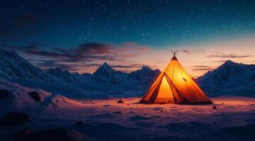 Cozy campfire in a wilderness tent under a starry night sky near majestic mountains photo
