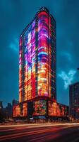 Historic building illuminated at night in a bustling city photo