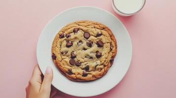 Delicious chocolate chip cookie served with a glass of milk on a soft pink background photo