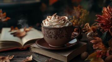Warm coffee with whipped cream on a rustic book in a cozy autumn setting photo