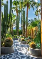 Pathway bordered by cacti and palm trees in a modern landscape design photo