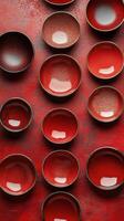 Vibrant red ceramic bowls arranged in an artistic layout on a contrasting surface photo