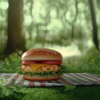 Grilled chicken sandwich with lettuce and tomato on checkered tablecloth in natural setting photo