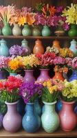 Colorful floral arrangement in glass vases brightens up the interior space photo