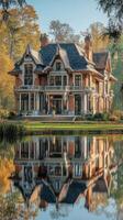 Historic mansion reflecting in calm waters surrounded by trees in autumn photo