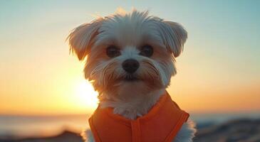 Adorable dog poses during sunset in a serene outdoor setting photo