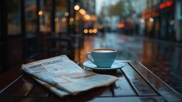 Relaxing coffee moment on a rainy day with newspaper in outdoor cafe setting photo