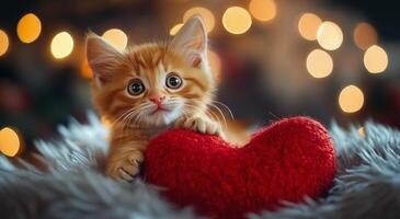 Cute orange kitten sitting in a heart-shaped bed surrounded by festive lights photo