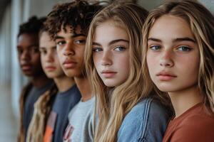Group of diverse young people posing in urban setting during the day photo