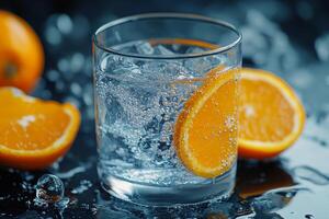 Refreshing citrus drink with orange slices in clear sparkling water on a reflective surface photo