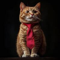 Cat dressed in a red tie poses elegantly against a dark background in a studio setting photo