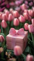 Gift box among blooming pink tulips in a vibrant garden setting during springtime photo