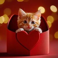 Cute orange kitten in a heart-shaped box with soft glowing lights during festive celebration photo
