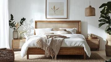 Cozy winter bedroom decorated with greenery and Christmas trees in a bright space photo