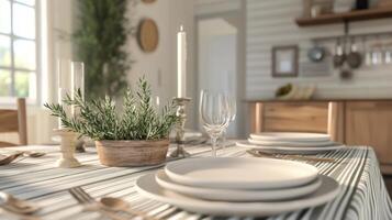 Elegant dining table setup for a special gathering with greenery and light accents photo