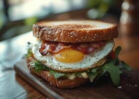 Delicious breakfast sandwich with bacon and egg on toasted bread served outdoors photo