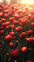 Beautiful red tulips blooming in a vibrant garden during sunset hours photo