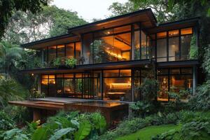 Modern architectural design of a forest retreat at dusk with abundant greenery surrounding photo