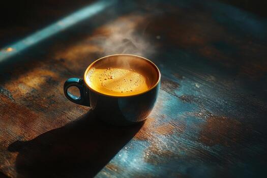 Warm cup of coffee emits steam in a dark setting with soft light highlighting the surface photo