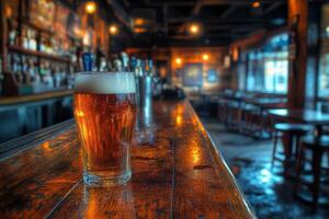 Cozy bar interior with a freshly poured beer on the counter in evening light photo