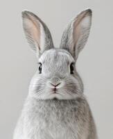 Cute gray rabbit with long ears posing against a plain background photo