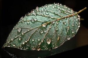 Water droplets glisten on a green leaf in serene close-up during early morning light photo