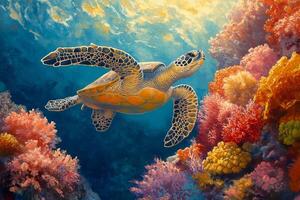 Vibrant sea turtle swimming through colorful coral reef in crystal clear waters of tropical ocean photo