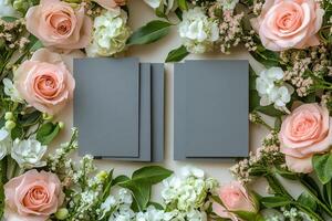 Delicate cherry blossoms and white flowers arranged in a circular frame on a soft blue background photo