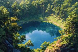 Tranquil lagoon surrounded by lush forest in early morning light photo