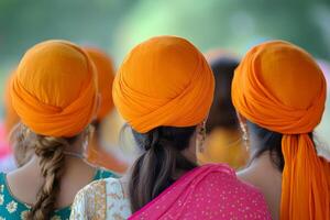 Women wearing orange turbans in a serene outdoor setting during the day photo