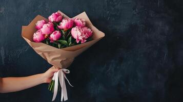Beautiful bouquet of pink peonies wrapped elegantly held by a person in soft light setting photo