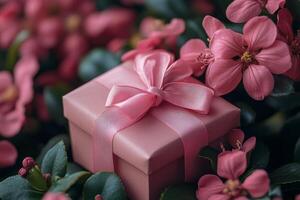 Beautiful gift box surrounded by pink flowers in a serene setting photo