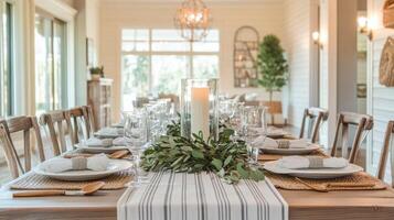 Elegant dining table setup for a special gathering with greenery and light accents photo