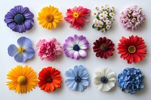 Colorful array of fresh flowers arranged neatly on a white background photo