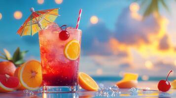Refreshing cocktail with fruit garnish at sunset beach bar during a summer evening gathering photo
