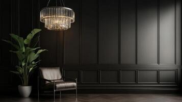 Elegant interior design featuring a vintage chair and a crystal chandelier in a dark room setting photo
