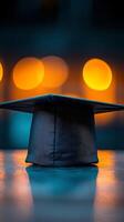 Graduation cap on wooden table with blurred background showcasing autumn colors photo