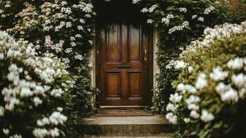 Charming entryway adorned with white flowers and lush greenery in a serene outdoor setting photo