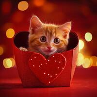 Cute orange kitten in a heart-shaped box with soft glowing lights during festive celebration photo