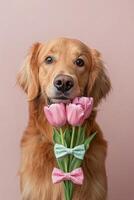 Golden retriever holds pink tulips with bows in front of a soft pink background during springtime photo