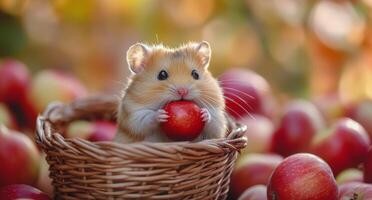 Adorable hamster holding a fresh apple surrounded by autumn apples in a cozy setting photo